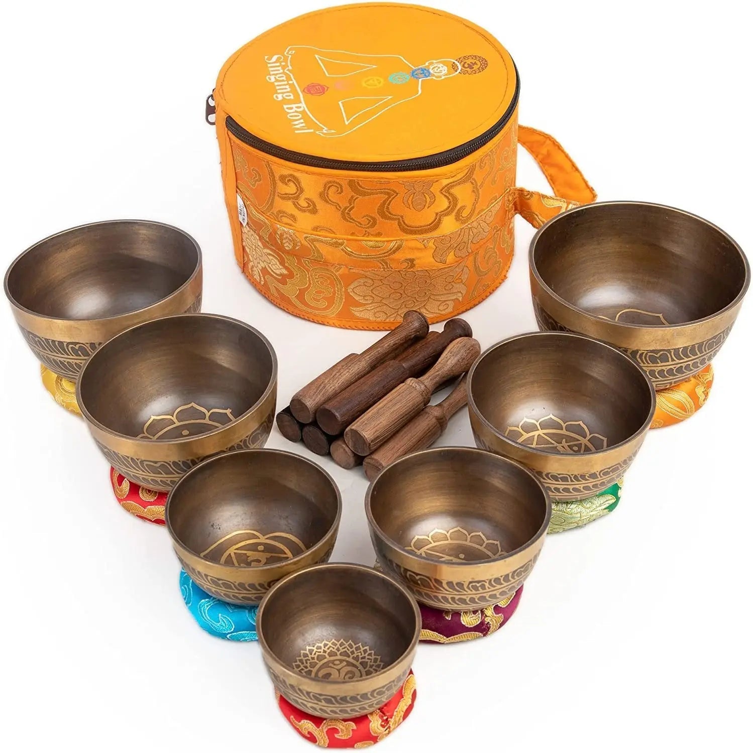 Bronze Tibetan Singing Bowl Set of 7 with Carry Box for Meditation & Mindfulness